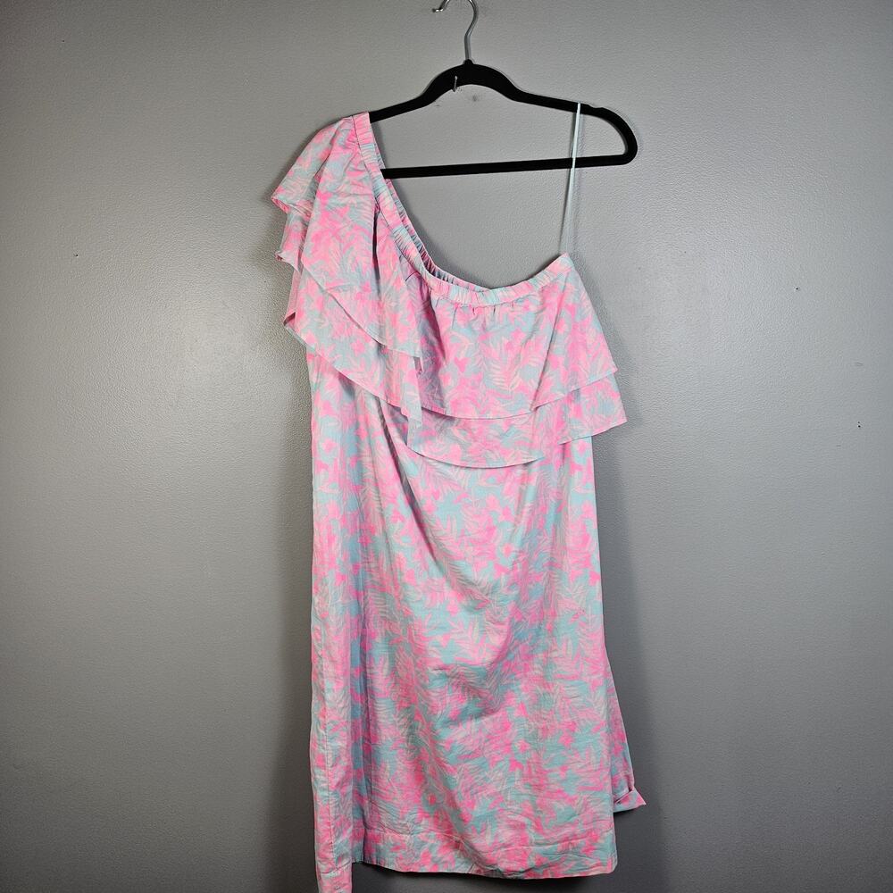 Vineyard Vines Dress Bougainvillea Crystal Blue Pink One Shoulder Ruffle Size 14